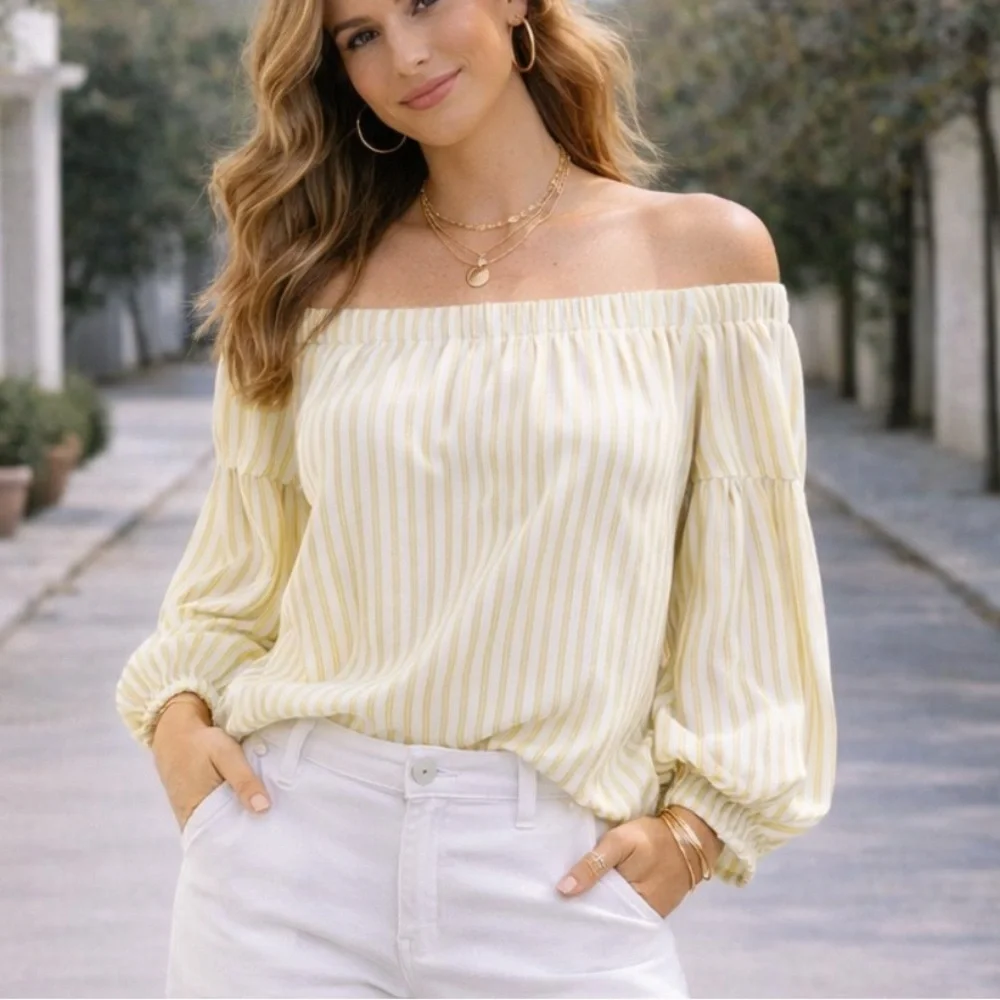 Anthropologie Maeve Off the Shoulder Top Yellow Festival Puff Sleeves Coastal